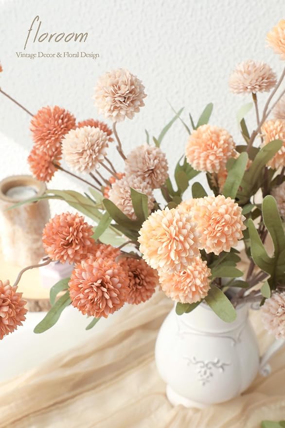 9pcs Burnt Orange Peach Mix Faux Silk Mums Artificial Flowers, Bulk Fake Small Mini Chrysanthemums with Stems for DIY Wedding Centerpieces Floral Arrangements Vase Fillers Home Decorations
