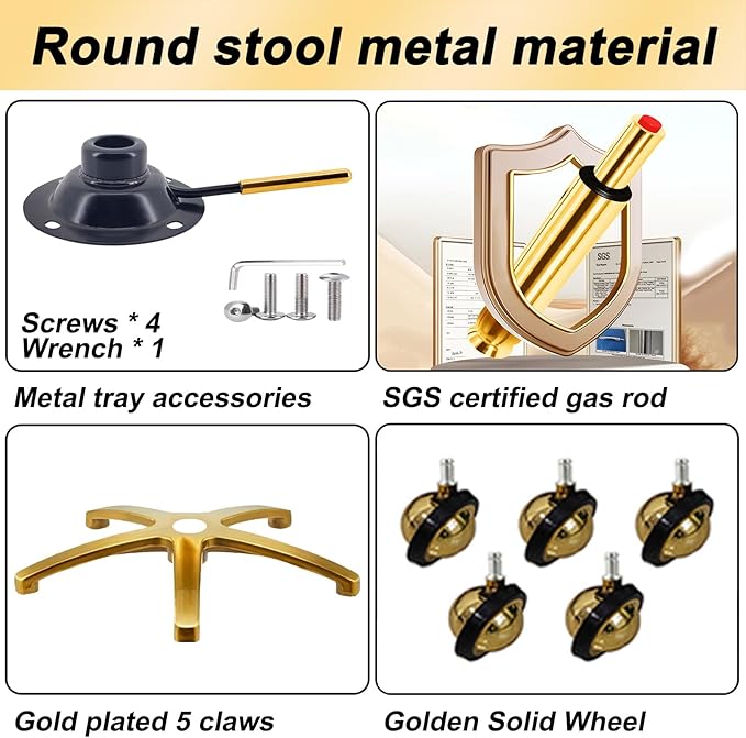Gold Rolling Vanity Stool with Wheels, Salon Spa Tattoo Massage Pedicure Chair, PU Leather Roller Chair, 43-55cm Height Adjustable Office Work Swivel Stool (Black, Without Back)