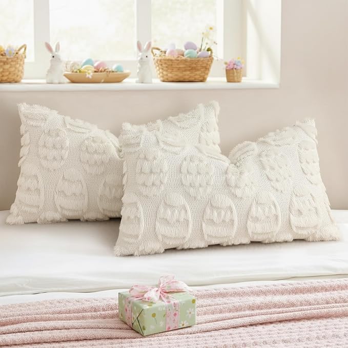 decorUhome Cream White Faux Fur Egg Throw Pillow Covers 12x20 Set of 2 | Plush Soft Wool Jacquard Cream White Cushion Covers, Modern Farmhouse Easter Holiday Decor Pillow Covers for Couch Sofa Bed