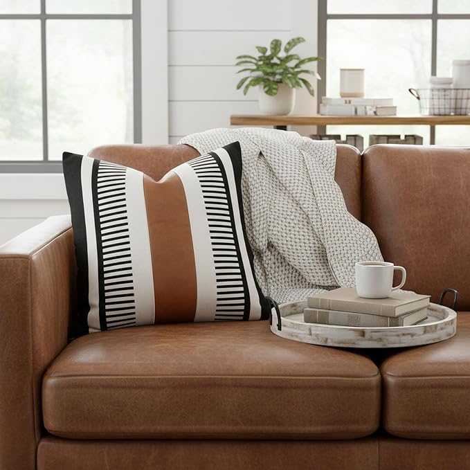 24x24 Boho Striped Pillow Cover with Faux Leather Accent, Black, 2 PC | Geometric printed cotton, vintage brown accent, black white reversible cushion case, farmhouse tribal floor sofa couch decor.