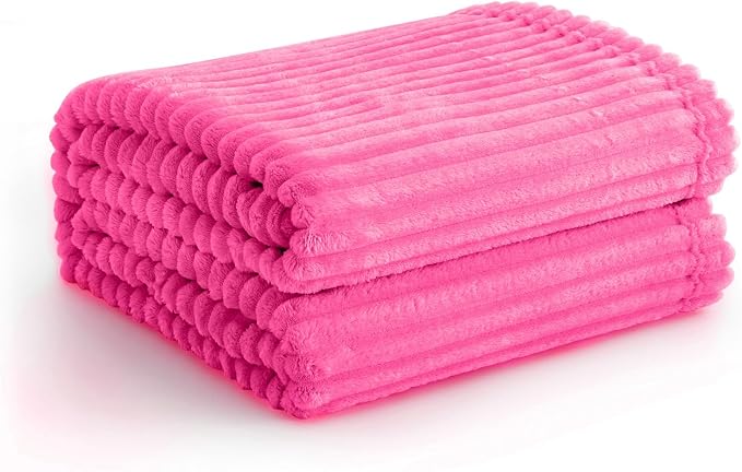 Vessia Flannel Fleece Throw Blanket for Couch,Sofa,Bed, 300GSM Striped Hot Pink Blanket for Adults and Kids, Super Soft Warm Cozy Lightweight Ribbed Throw for All-Season