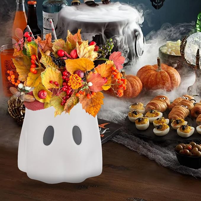 Ghost Bucket Planter, Cute Ghost Design, Plastic, Indoor & Outdoor Decor, Versatile for Plants or Halloween Treats, Durable and Weather-Resistant, Spooky Home or Garden Decoration (7.87‘ + 5.91‘)