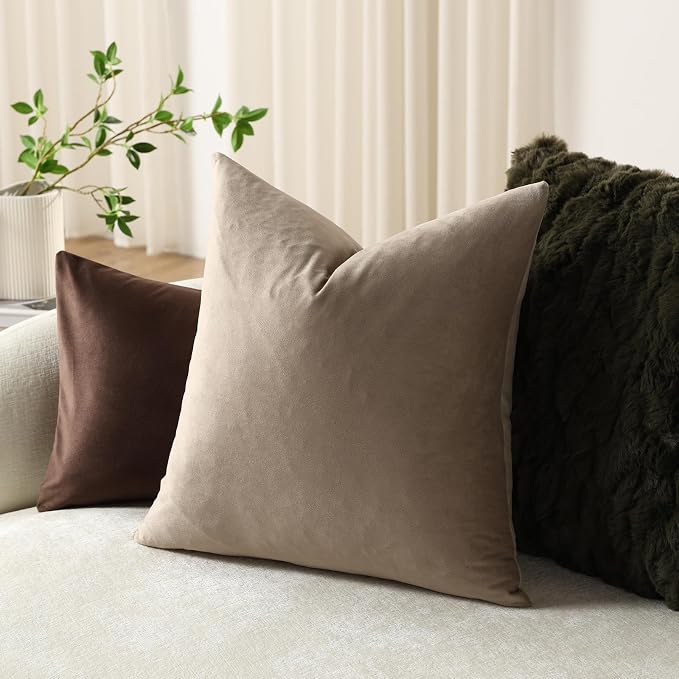 Throw Pillow Covers 16x16 Taupe: Pack of 2 Cozy Soft Velvet Square Modern Luxury Decorative Throw Pillow Cases for Sofa Couch Living Room Bed Home Decor