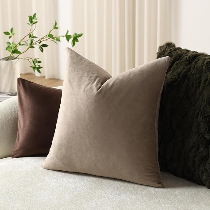 Euro Sham Covers 26x26 Taupe: Pack of 2 Cozy Soft Velvet Square Modern Luxury Decorative Throw Pillow Cases for Sofa Couch Living Room Bed Home Decor