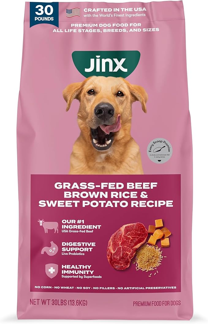 Jinx Dry Dog Food - Grass-Fed Beef, Brown Rice & Sweet Potato, 30lb | Premium Kibble for Digestive Support & Healthy Immunity - No Fillers, All Lifestages (Puppy, Adult & Senior), Breeds & Sizes