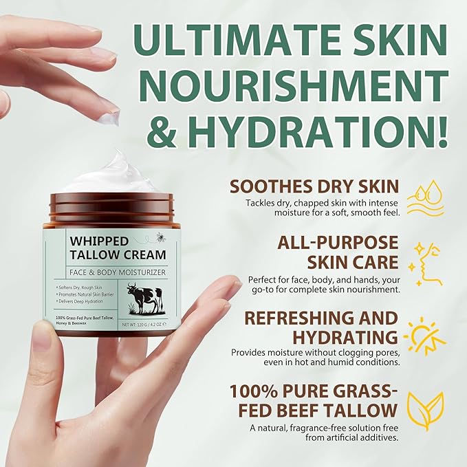 Whipped Beef Tallow for Skin - 100% Grass Fed Pure Beef Tallow with Honey, Natural Moisturizing Cream for Face and Body, Deep Hydration Softens Dry Skin, Nourishing Tallow Cream 4.2 Oz