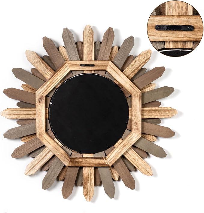 Boho Wall Decor 21 inch Wall Mirror Rustic Wood Decorative Mirror for Room Decor Rustic Home Decor Farmhouse Wall Decor at Living Room Bedroom Bathroom Hallway Trilcolor