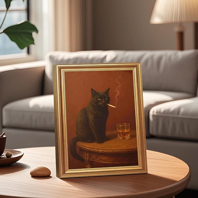 ICHZUMW Gold Framed Funny Black Cat Whiskey Vintage Canvas Wall Art 8x10 In | Funny Cat Smoking Cigarette Picture, Quirky Animal Bar Wall decor, Bathroom Man Cave Bedroom, Fade Resistant, Ready to Hang