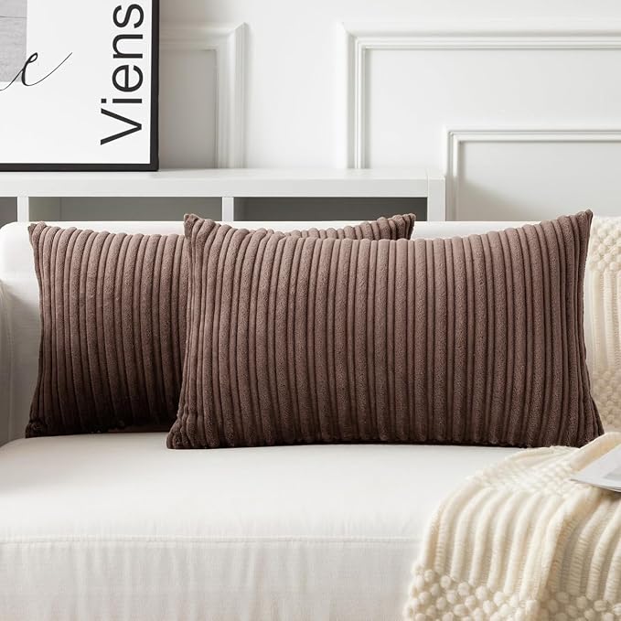 UGASA 14x20 Inch Pillow Cover Pack of 1 Soft Boho Stripe Corduroy Long Rectangle Lumbar Cushion Case Farmhouse Decorative Throw Pilowcase for Bed, Couch, Sofa, Bedroom, Living Room, Dark Brown