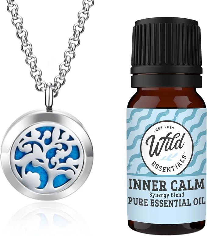 Wild Essentials Arbol Tree of Life 2 Essential Oil Diffuser Necklace Gift Set - Includes Aromatherapy Pendant, 24" Stainless Steel Chain, Refill Pads and 10ml of Inner Calm 100% Essential Oil