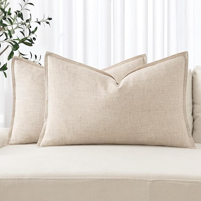 MIULEE Decorative Linen Lumbar Pillow Covers 12x20 Inch Natural Beige | Boho Farmhouse Neutral Couch Throw Pillows for Bed, Pack of 2 Accent Modern Pillowcases, Sofa Livingroom Home Decor