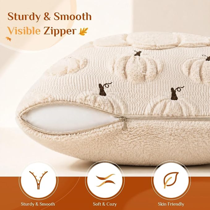 Fall Beige Pillow Covers 20x20 Set of 2 Double-Sided Pumpkin Decor | Beige plush comfort with raised pumpkin embroidery, designed for living rooms, bedrooms, and cozy fall home decorations.
