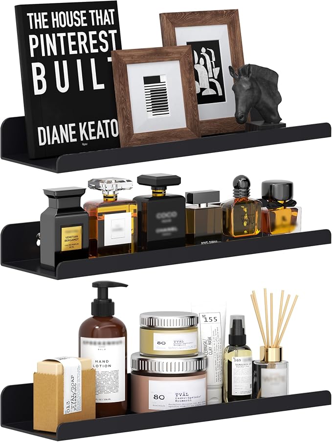 Qukaka Floating Shelves for Wall Decor, 15" Wall Shelves for Bedroom, Living Room, Kitchen, Bathroom Decor, Nail Polish/Book/Decoration/Makeup/Perfume Organizer Floating Shelf-3Pack Black