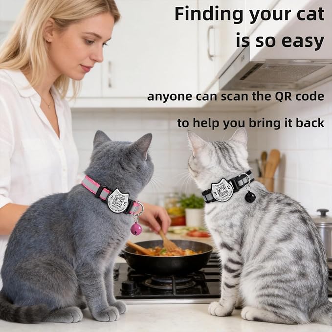 Breakaway Cat Collar with QR Code Tag and Bell (Black & Rose red) | Reflective Nylon, Quick-Release Buckle
