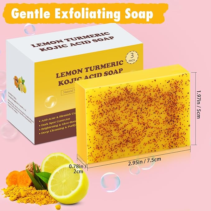 Kojic Soap Bar, Lemon Turmeric Soap Bar with Vitamin C for Dry Sensitive Skin, Turmeric Soap for Face, Body Hands 3 Bars