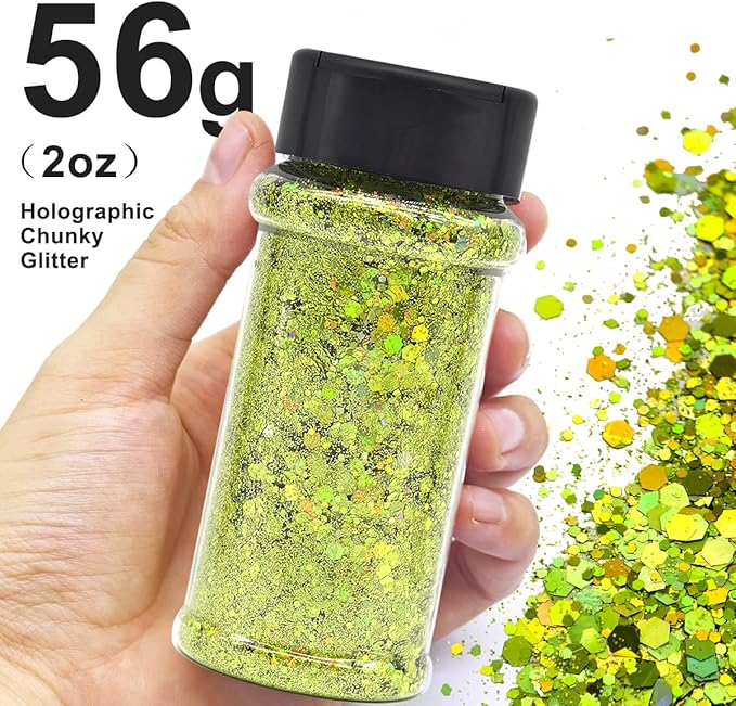 Light Green - Craft Glitter - 2oz Glitter Shaker Bright Colorful Mix Chunky Body Glitter Bulk - 24 Colors in Shaker, Cosmetic Grade Glitter - EBLB608