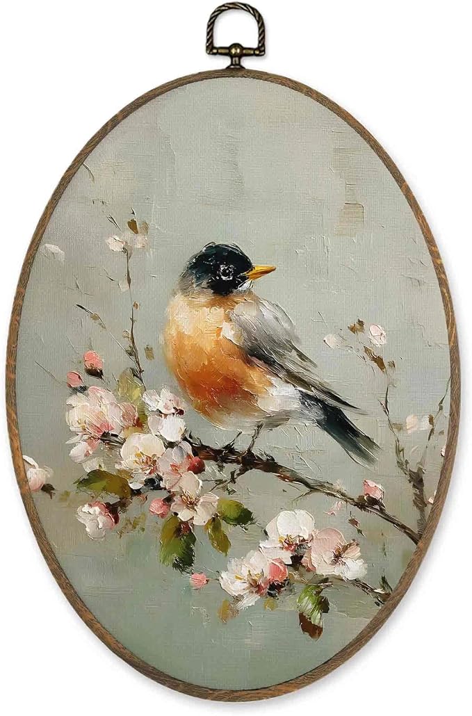 LKETW Vintage Bird Floral Oval Wall Art Decor, Rustic Farmhouse Oval Canvas Hanging Decor, Cottagecore Botanical Bird Flower Wall Decorations for Home Bedroom Living Room, 8.6x11.4 Inch