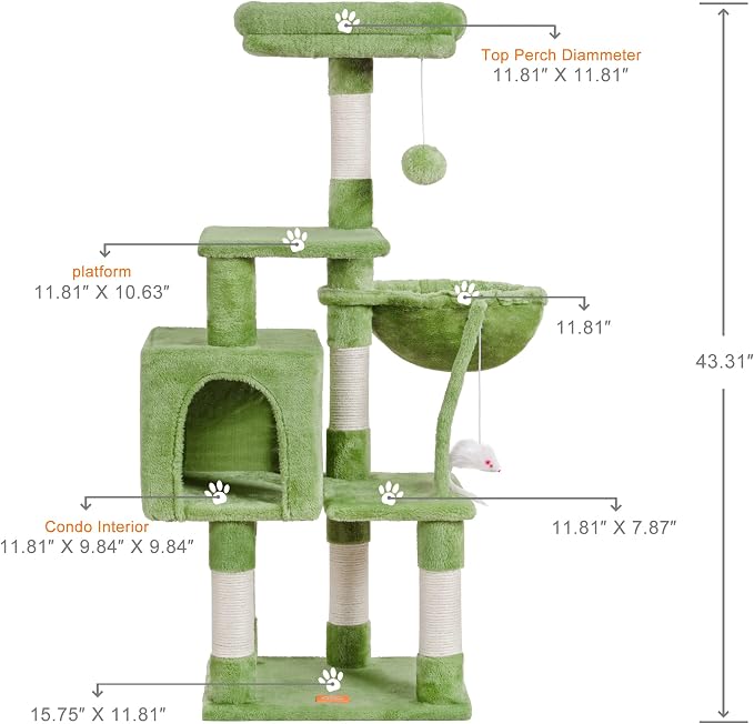 Heybly Cat Tree with Toy, 43.3 inch Cat Tower for Indoor Cats HCT004SGR | Cat Condo with Durable Sisal Scratching Posts, Cat House with Padded Plush Perch, Cozy Hammock, Green