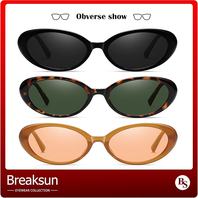 Breaksun Retro Oval Sunglasses for Women Men Fashion Small Oval Sunglasses 90s Vintage Shades