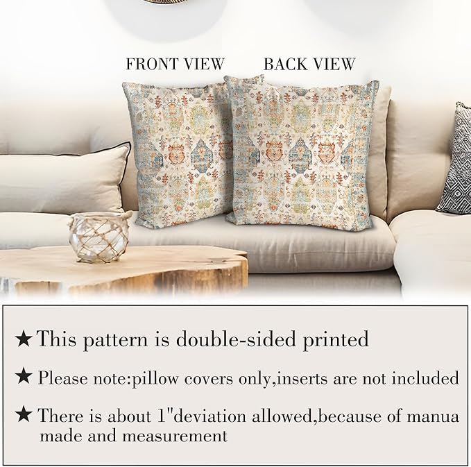Boho Floral Throw Pillow Covers 20x20 inch Set of 2,Beige Boho Rug Geometric Floral Pattern Decor Double Sided Pattern Cushion Cover Soft Pillow Case Living Sofa Room Bed Square Pillow Cover