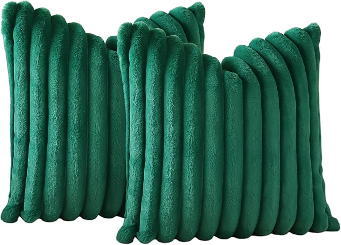 Soleebee Set of 2 Throw Pillow Covers Soft Cozy Velvet Pillowcase Faux Rabbit Fur Cover for Couch Sofa Bed Chair Home Decorative Pillows Cover (24x24 Inch, Christmas Green)