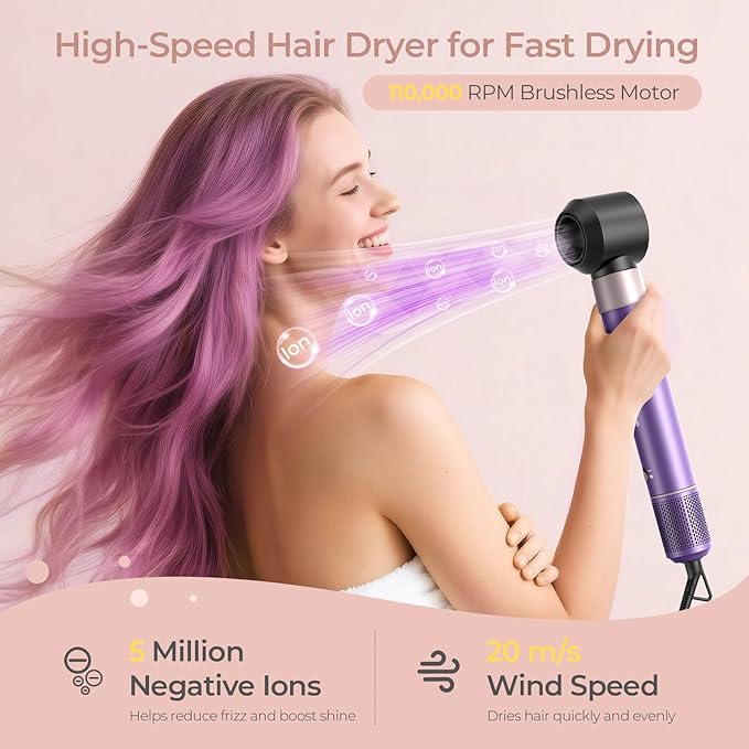 Vincofy 7-in-1 Hair Dryer Brush and Hair Styler Set – Fast Drying, Curling, Straightening & Volumizing – Hot Air Styling Tool with No Heat Damage – for All Hair Types – Purple
