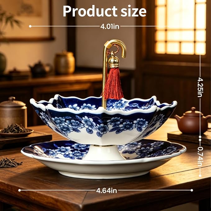 Umbrella Tea Strainer, Blue and White Porcelain | Umbrella Shape Ceramic, For Loose Leaf Tea, Rotating Design, Coffee Brewing Filter