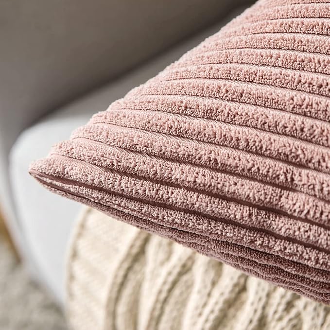 MIULEE Euro Corduroy Throw Pillow Covers Set of 2 24x24 Blush Pink | Soft Striped Textured Cushion Cases, Boho Square Lovely Cute Pillowcases, Home Decor for Couch Chair Sofa Bed Living Room