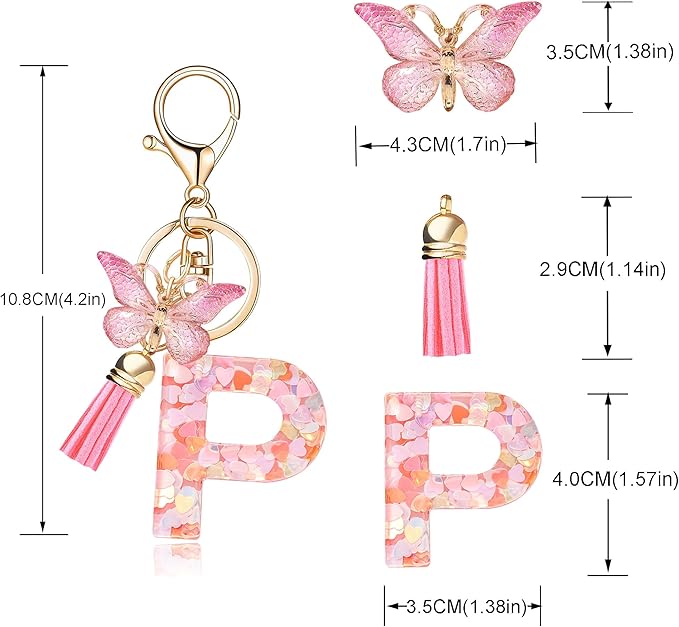 Fashion Alphabet Initial Letter Keychain Tassel Butterfly Pendant Key Ring for Purse Handbags Women Girl