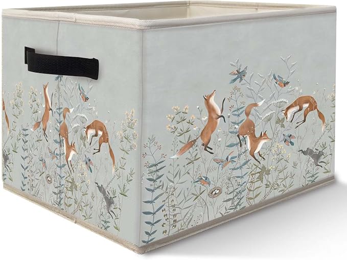 Forest Animal Fox Rabbit Storage Bins Basket, Fox Lover Gifts, Cottagecore Botanical Floral Bird Collapsible Fabric Storage Box Organizer Toybox for Bedroom Bathroom Clothes Books Toys