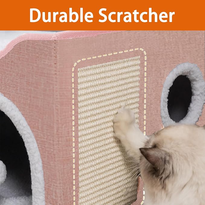 Loyareal Cat Houses for Indoor Cats - Large Cat Bed Cave with Scratch Pad and Fluffy Ball, Foldable Cat Condo Hideaway with Reversible Cushion for Multi Small Pet, Pink