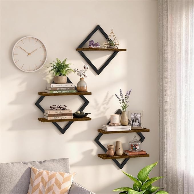 Floating Shelves for Wall, Set of 3 Hanging Shelves, Rustic Brown | Wall Mounted Storage Shelves for Books & Decor, Decorative Wall Shelves for Living Room, Bedroom, Bathroom & Kitchen