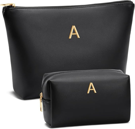 Women Gifts | Initial Makeup Bag for Girl Personalized Gifts for Bridesmaid Friend PU Leather Cosmetic Travel Toiletry Bag(Black,A)
