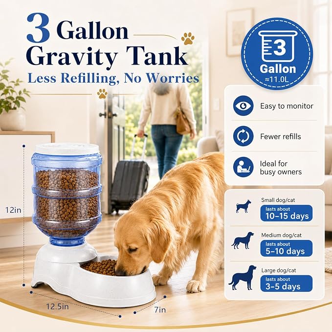 Automatic Dog Feeders - 3 Gallon Capacity Gravity Food Dispenser for Large Dogs and Cats