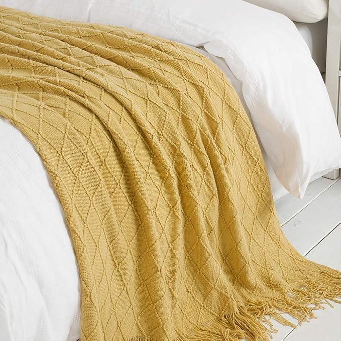 BOURINA Mustard Throw Blanket 60x80 Inch Boho Knit Soft Throw Sofa Blanket | Knitted Throw Blanket 60x80 Inches, Soft Lightweight Boho Weave Throw Decorative Couch Blanket for Living Room Bedroom Chair