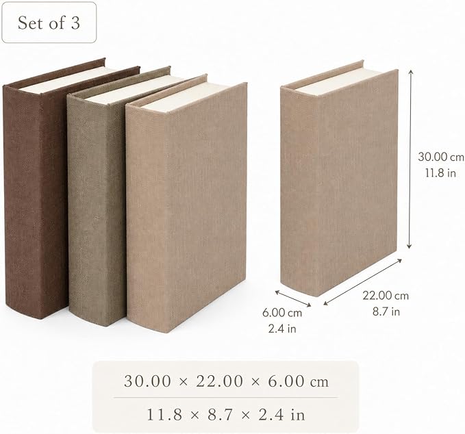 DECOR4SEASON Modern Linen and Wood Decorative Faux Book Boxes Set of 3, 10" | Stackable Storage Boxes for Shelves, Coffee Table, and Office Organization (Earth Tones)