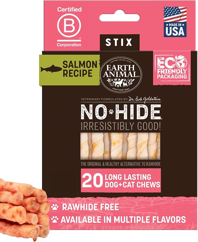 Earth Animal No Hide Stix - Rawhide Free Dog Chews Sticks 20 Count Salmon | Small Sticks Salmon Flavored Natural Rawhide Free Long Lasting Dog Chews - Treats for Small Dogs and Cats