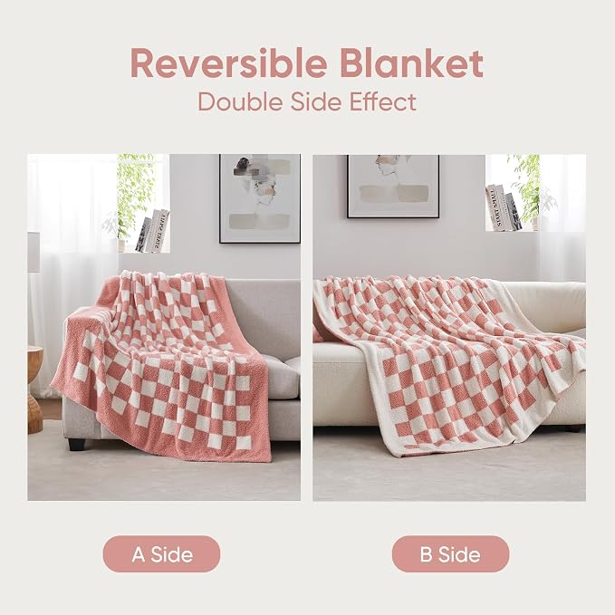 Snuggle Sac Checkered Bedding Blanket Twin Size 60x80, Super Soft, Cozy Warm Knit Blankets, Reversible Breathable Lightweight Fluffy Throws for Sofa, Bed, Checkered Pink, 60x80 Inches