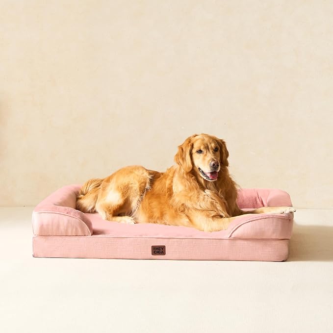 EHEYCIGA Orthopedic XXL Dog Bed, Waterproof Washable XL Big Pet Bed 52" | Non-Slip Bottom and Egg-Crate Memory Foam Extra Large Pet Couch Bed with Washable Removable Cover, Dusty Pink