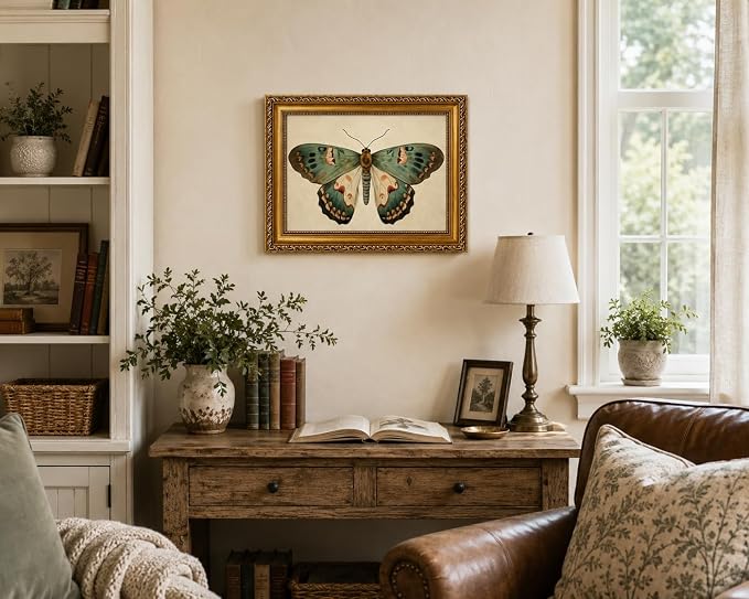 Vintage Butterfly Wall Art, Gold Framed Canvas Print, 9x11 in | Ornate gold frame, vintage butterfly print, ready to hang for bedroom, bathroom, shelf, or gallery wall