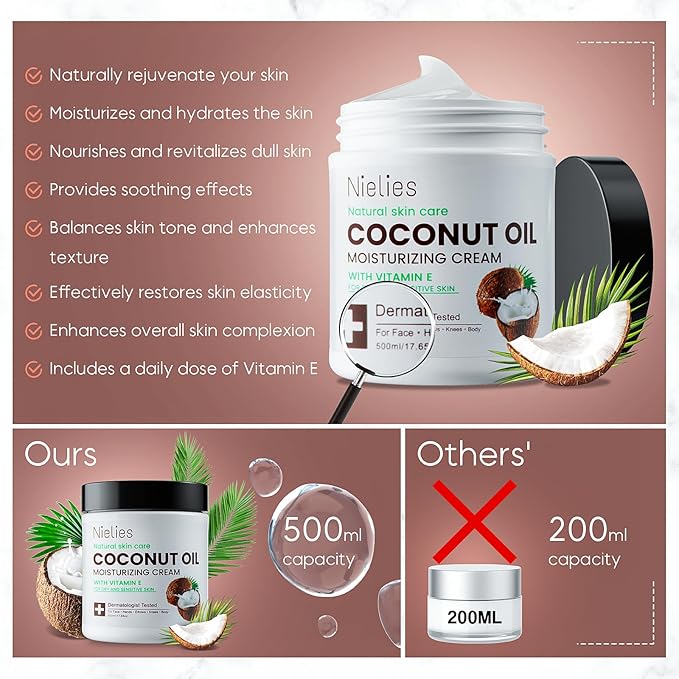 2 Pcs Spa size 500ML Coconut Oil Moisturizing Cream, Crema de coco para la piel, Coconut Oil for Face, Hands, Hair. Intense Hydration For Dry skin (5)