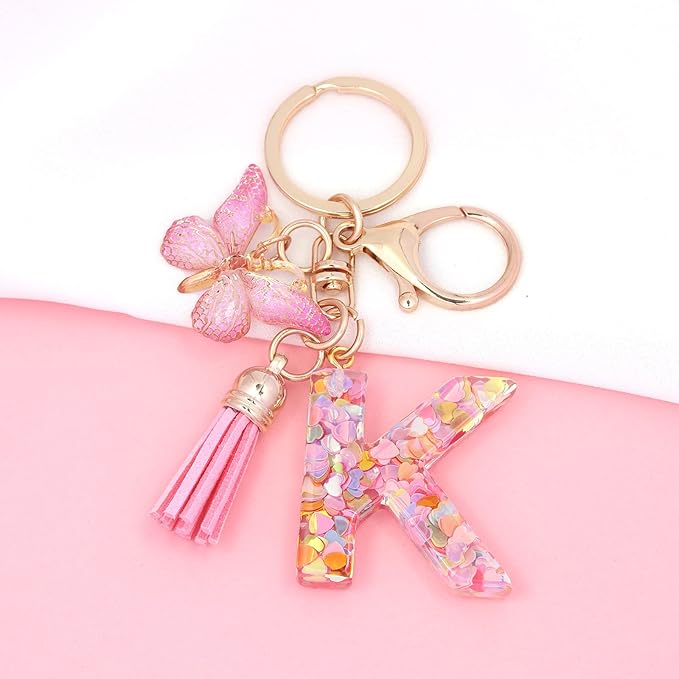 Fashion Alphabet Initial Letter Keychain Tassel Butterfly Pendant Key Ring for Purse Handbags Women Girl
