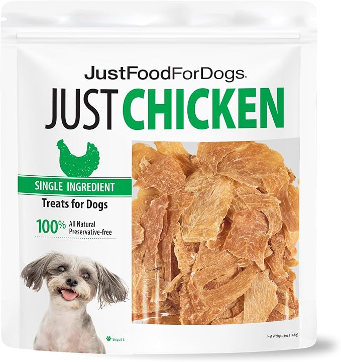 Just Food for Dogs Single Ingredient Healthy Dog Treats and Dog Snacks, Jerky Treats, Human Grade, Preservative and Grain Free, Rawhide Free Chews, Low Calorie Treat - Chicken Breast, 5 oz | Human Grade Chicken Treats for Dogs, Jerky Dog Snacks, Preser...