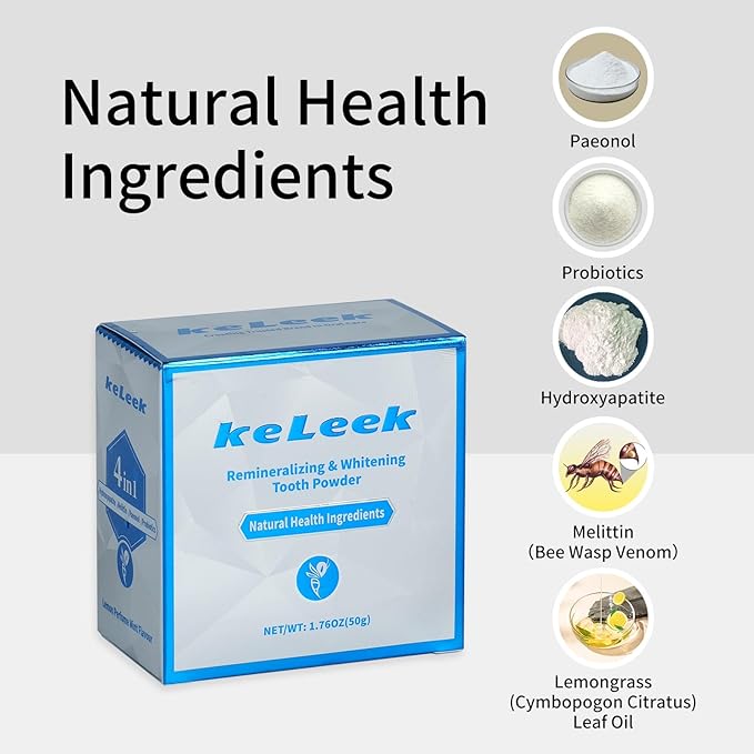 KeLeek 7 Benefits Hydroxyapatite Remineralizing Tooth Powder Toothpaste - Bee Wasp Venom Teeth Whitening Powder - Lemon Mint Flavor -1.760Z
