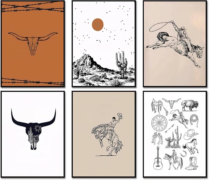 Vintage Western Cowboy Poster Set of 6, Southwestern Wall Art Longhorn Bull Skull Wall Decor Mid Century Retro Desert Canvas Painting Prints for Bedroom Living Room Dorm 12x16 inch Unframed