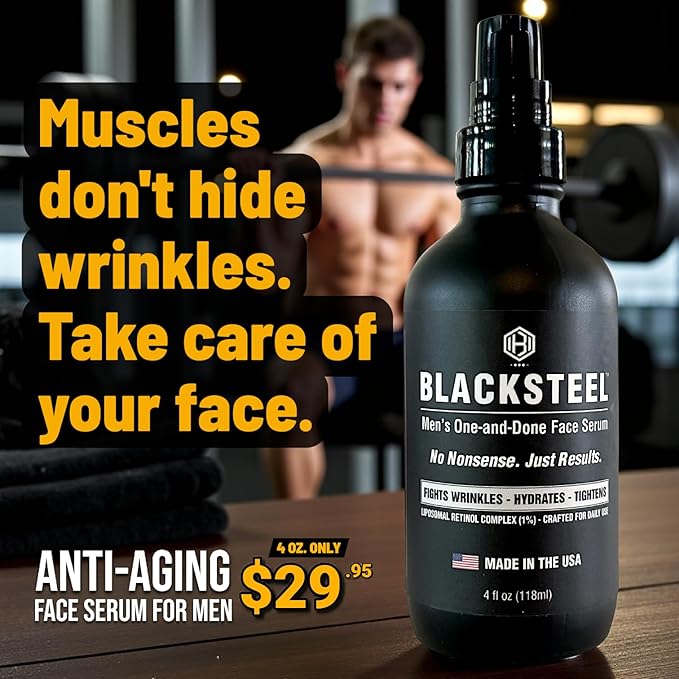 BLACKSTEEL Men's Anti-Aging Face Serum with Retinol & Hyaluronic Acid | One-Step Daily Wrinkle, Hydration & Firming Solution | Fast-Absorbing, Non-Greasy Skincare Made in USA | 4 oz Single Bottle