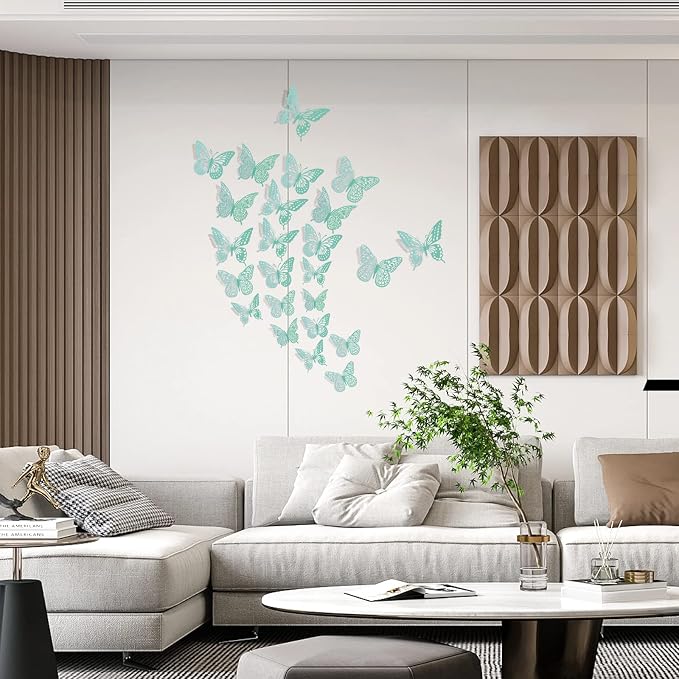SAOROPEB 3D Butterfly Wall Decor 48 Pcs Pale Turquoise Butterfly Decoration | 4 Styles 3 Sizes, Birthday Decorations&Butterfly Party Decorations&Butterfly Cake Decorations-Removable