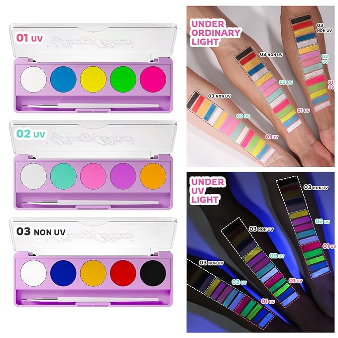 YOUNG VISION 2-PACK Water-Activated Face & Body Paint Palette Set – Neon Fluorescent, Glow Under UV and Blacklight, FX Makeup for Face Painting, Blacklight Glow, Eyeliner, and Body Art