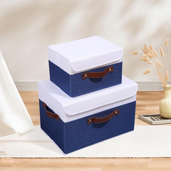 ANMINY Fabric Storage Box Bins with Lids, Blue White, 13"x9"x7.9", 2 Pack | Keepsake Memory Storage, Cotton Linen, PP Board Reinforced, Washable, PU Handles, Foldable & Stackable, Decorative, Medium