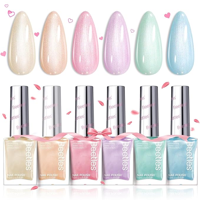 Beetles Nail Polish Set, 6 Colors Pearl Nail Polish Kit Pastel Pearl Shimmer Pink Orange Blue Green Dreamy Swirl Quick Dry Fingernail Polish Gifts for Women Salon DIY Manicure Kit - Easter Nails Art